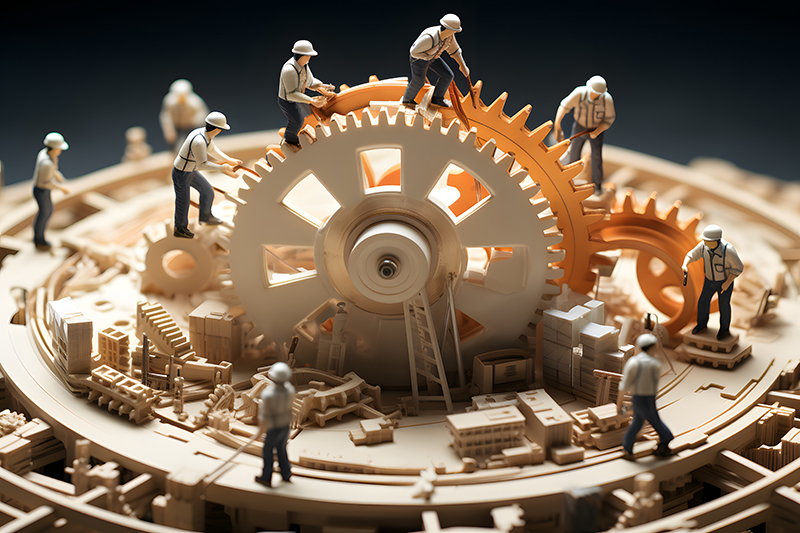 Miniature people. figures of male workers repairing gear mechanisms © Photosaint/AdobeStock