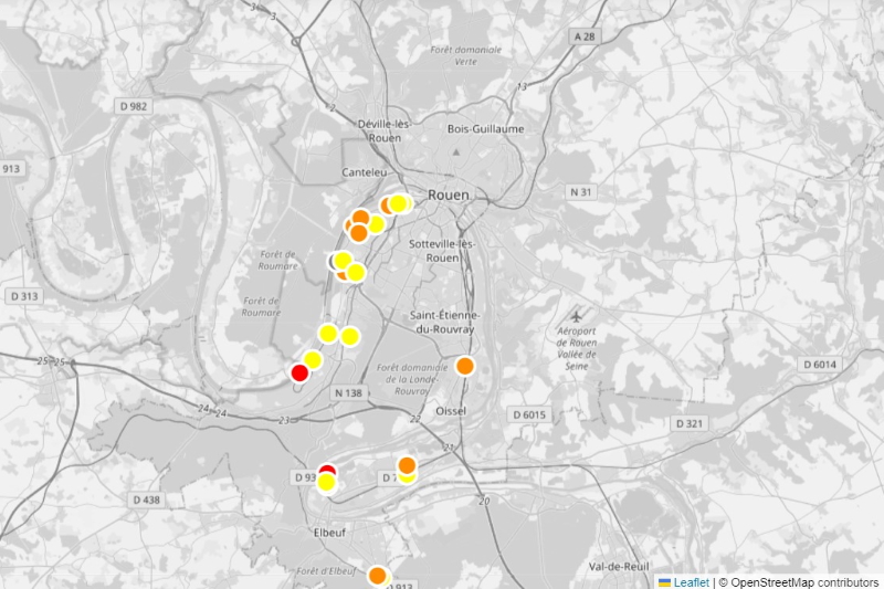 Capture de la cartographie des sites Seveso répertoriés par la Métropole de Rouen.